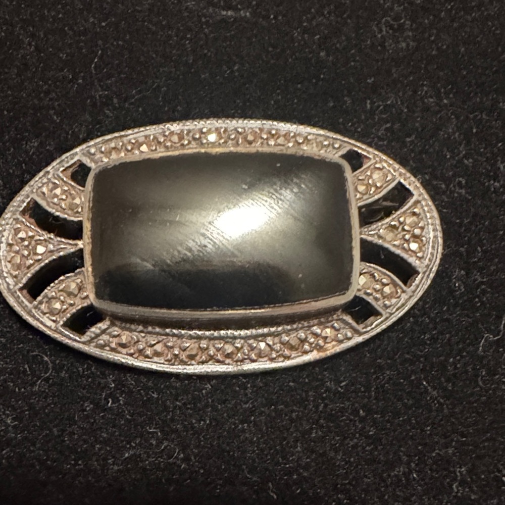Sterling Silver Black Onyx Marcasites Brooch